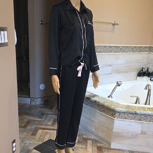 Victoria's Secret Black Pajama Set with Pink Piping and Pink Waist Tie